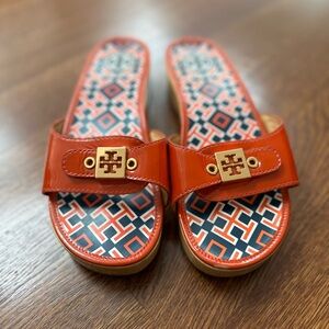 Tory Burch Orange Slide wooden Sandals with Gold Accent